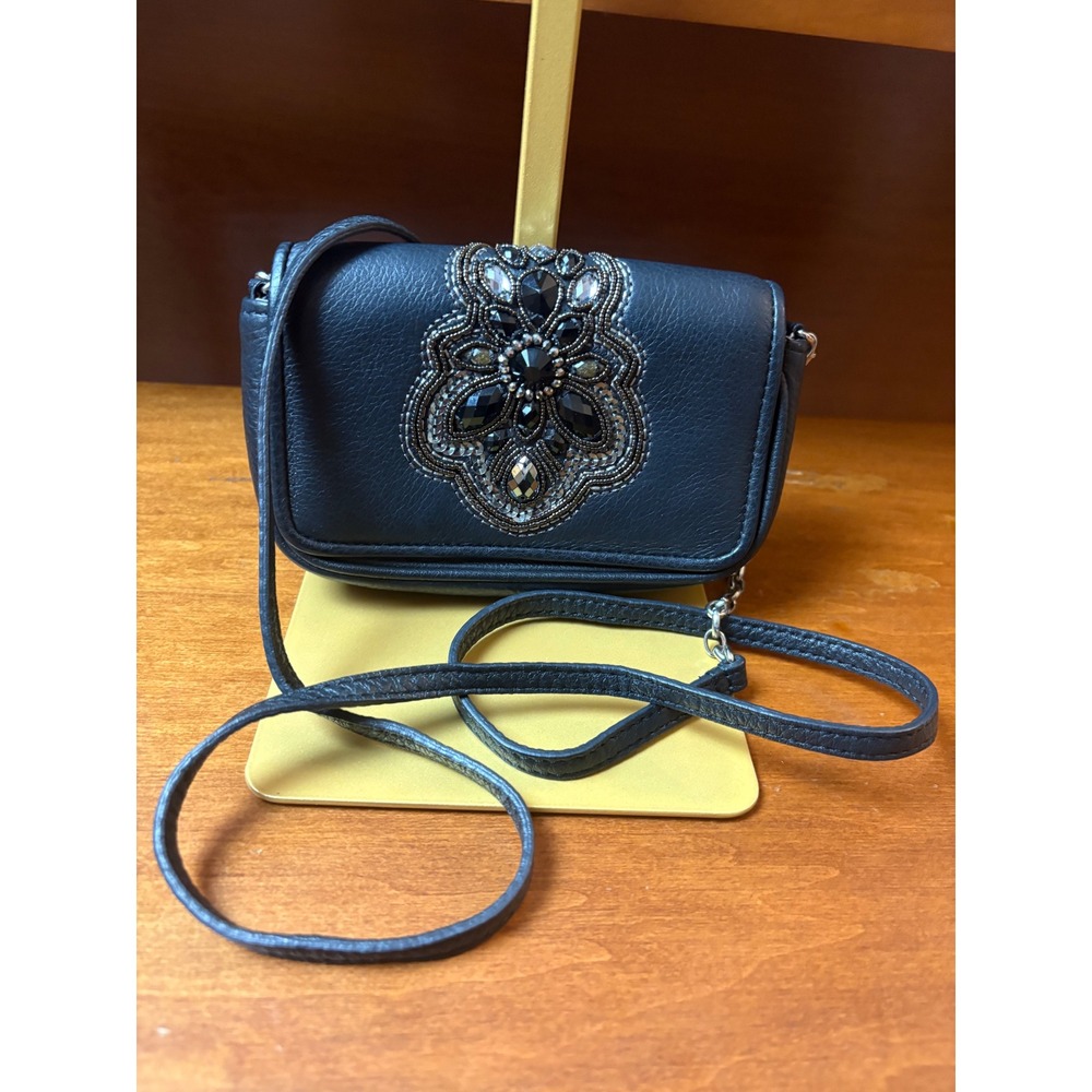 Brighton Black Beaded Leather‎ Crossbody Floral Crystal Evening Bag